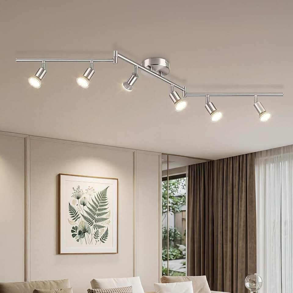 Deckenstrahler 6 Flammig, GU10 LED Deckenleuchte Nickel, Schwenkbar | Deckenspots aus Metall 350° drehbar, Deckenlampe für Wohnzimmer Küche Schlafzimmer Flur, max. 50W, ohne Leuchtmittel