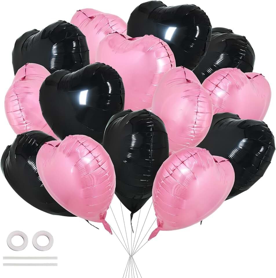 TONIFUL 30 Pcs Pink Black Heart Balloons 18 Inch Heart Shape Foil Balloon
