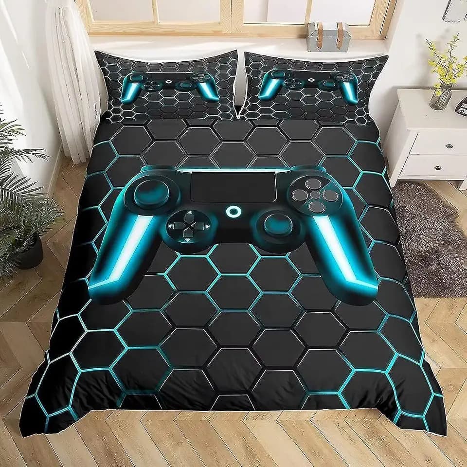Hexagon Raum Geometrie Gamer Gaming Jungen BettwäSche Kinder KinderbettwäSche Bed Duvet Cover Bedding Set Schwarz 135×200cm