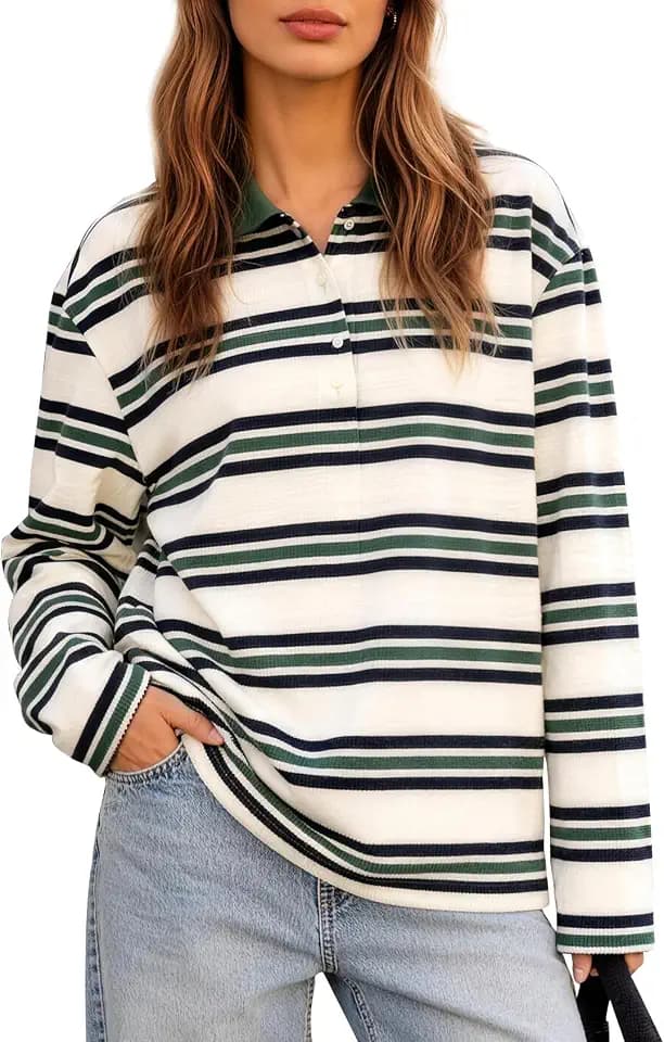 Flygo Womens Striped Polo Shirts Rugby Long Sleeve Collared Pullover Top