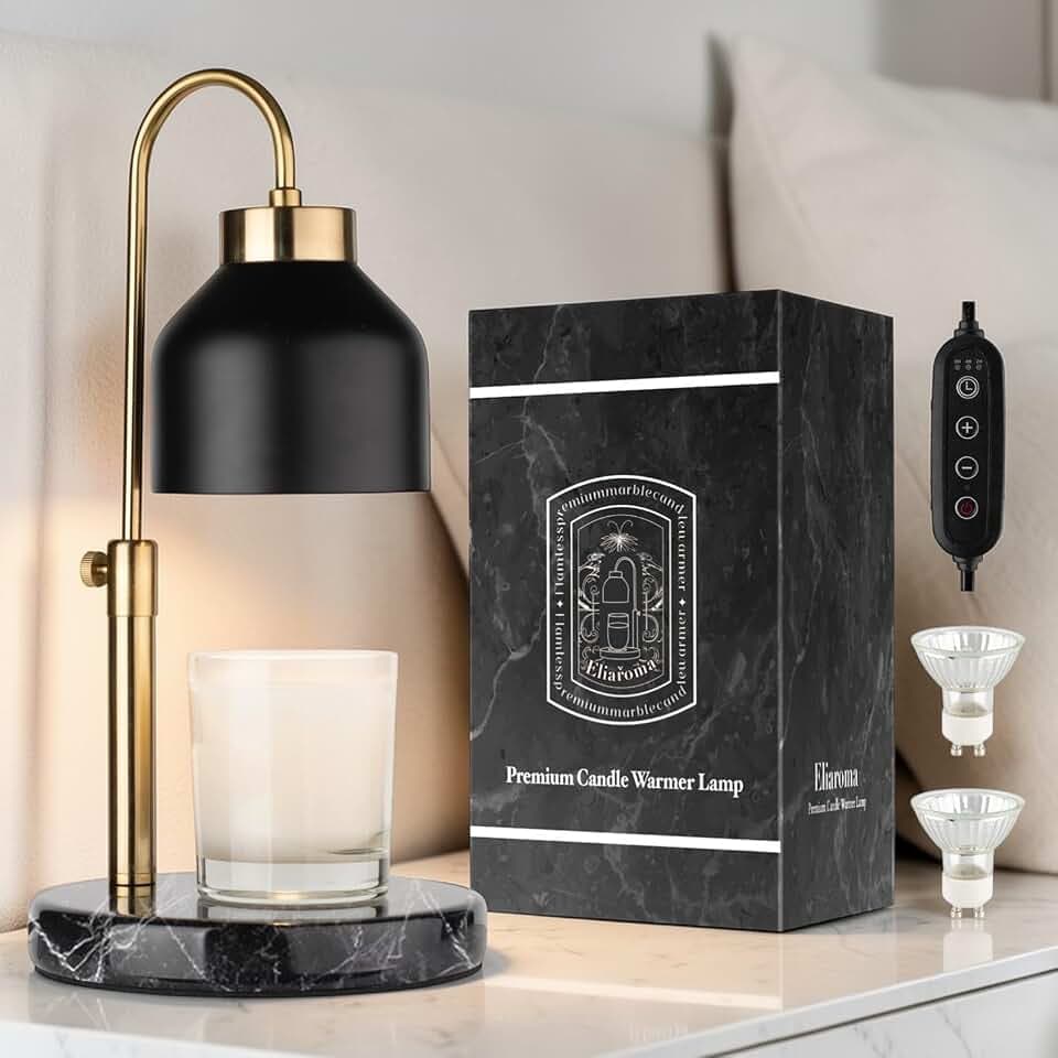 Marble Candle Warmer Lamp with Timer, Dimmable Electric Candle Lamp with Adjustable Height and Remote, Natural Marble Base, 2 Halogen Bulbs Included