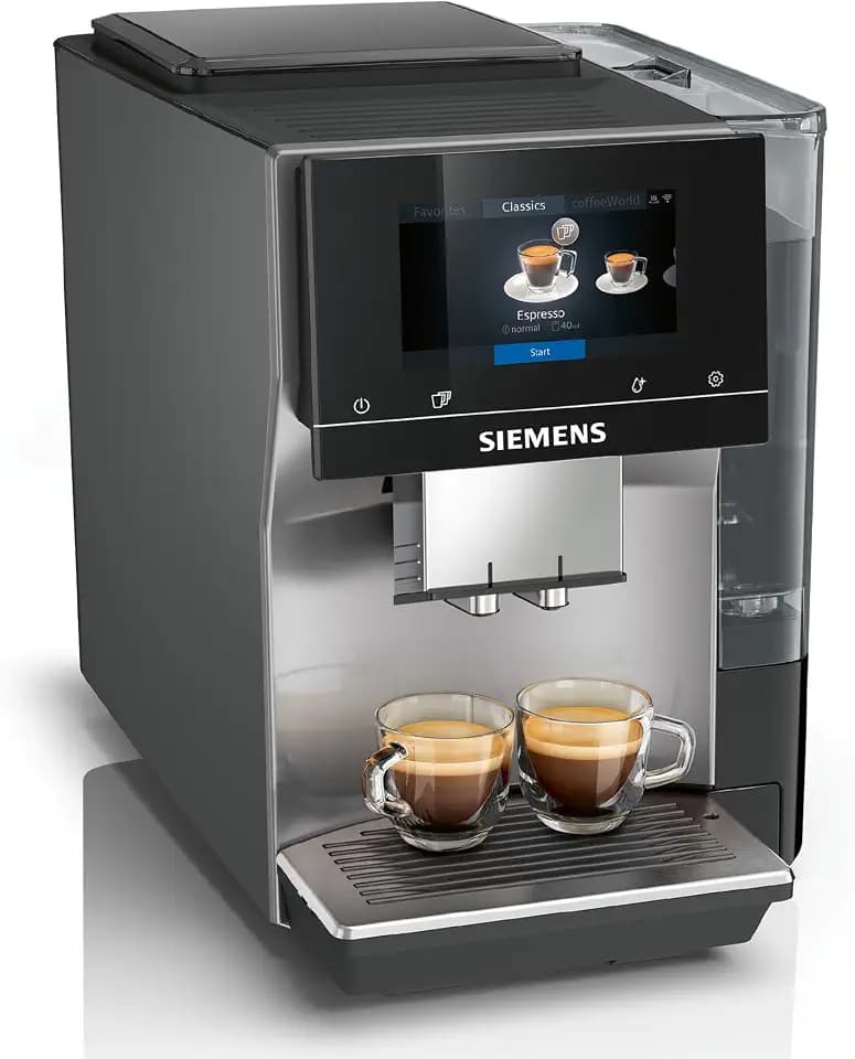 Siemens Kaffeevollautomat EQ700 classic, großes farbiges TFT-Display, 36 Heiß- und Kaltgetränke, Cold Brew, 10 Favoriten, 2-Tassen-Funktion, Steuerung per App, autom. Reinigungsystem, Silber, TP715D01
