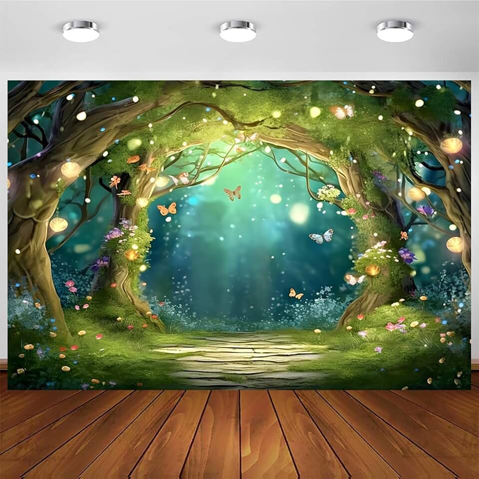 3x2m Fotohintergrund Zauberwald Fantasty Wonderland Woodland Schmetterling Blumen Baum Fotografie Hintergrund Prinzessin Geburtstag Party Baby Shower Dekorationen Photo Booth Requisiten