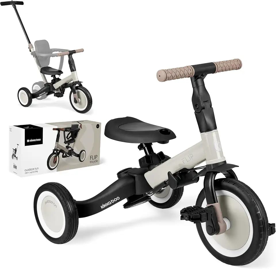 KikkaBoo FLIP Dreirad ab 1 Jahr mit Schubstange - Bis zu 5 Jahre, Laufrad 5-in-1, Umwandelbares Kinderdreirad zum Laufrad mit oder ohne Pedale, verstellbar und umbaubar, Beige