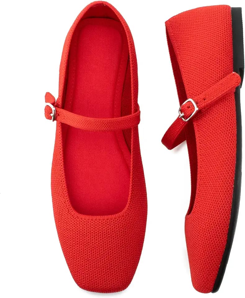 Soesyi Knit Flats for Women Square Toe Flats Casual Ballet Flats with Ankle Strap,Mary Jane Shoes Women Comfortable for Dressy Office