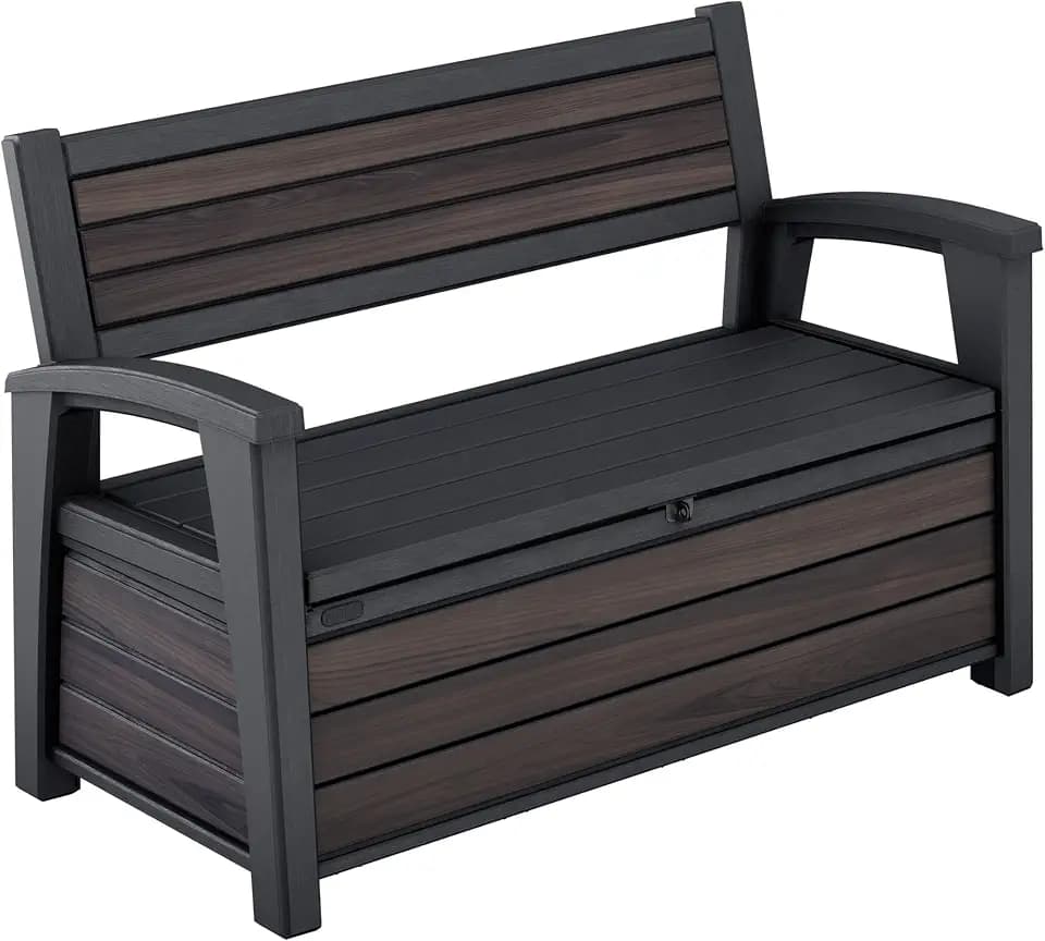Keter Signature Gartenbank 130x60x85 cm, wetterfeste Aufbewahrungsbank mit 227 Liter Stauraum, Holzdesign Rosewood, 2-Sitzer Sitzgelegenheit, Palisander