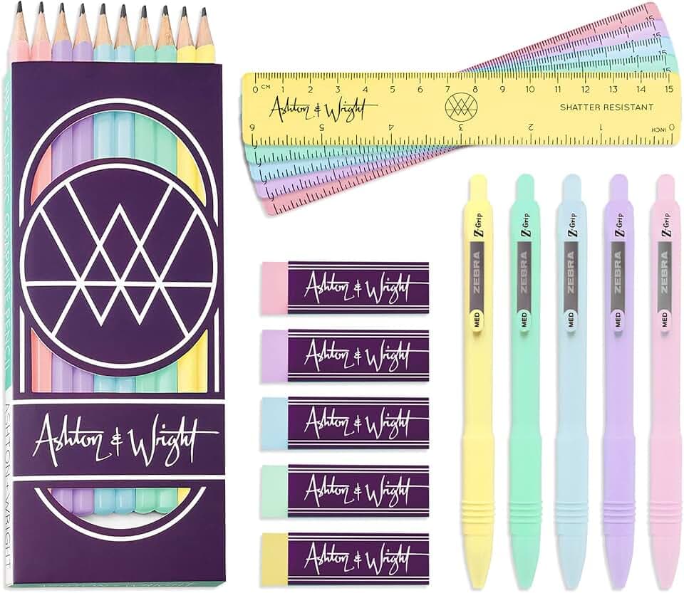 Ashton and Wright - Klassische HB-Bleistifte, 15 cm Lineale, Radiergummis, Z-Grip glatt – Pastell-Set mit 25 Stück.