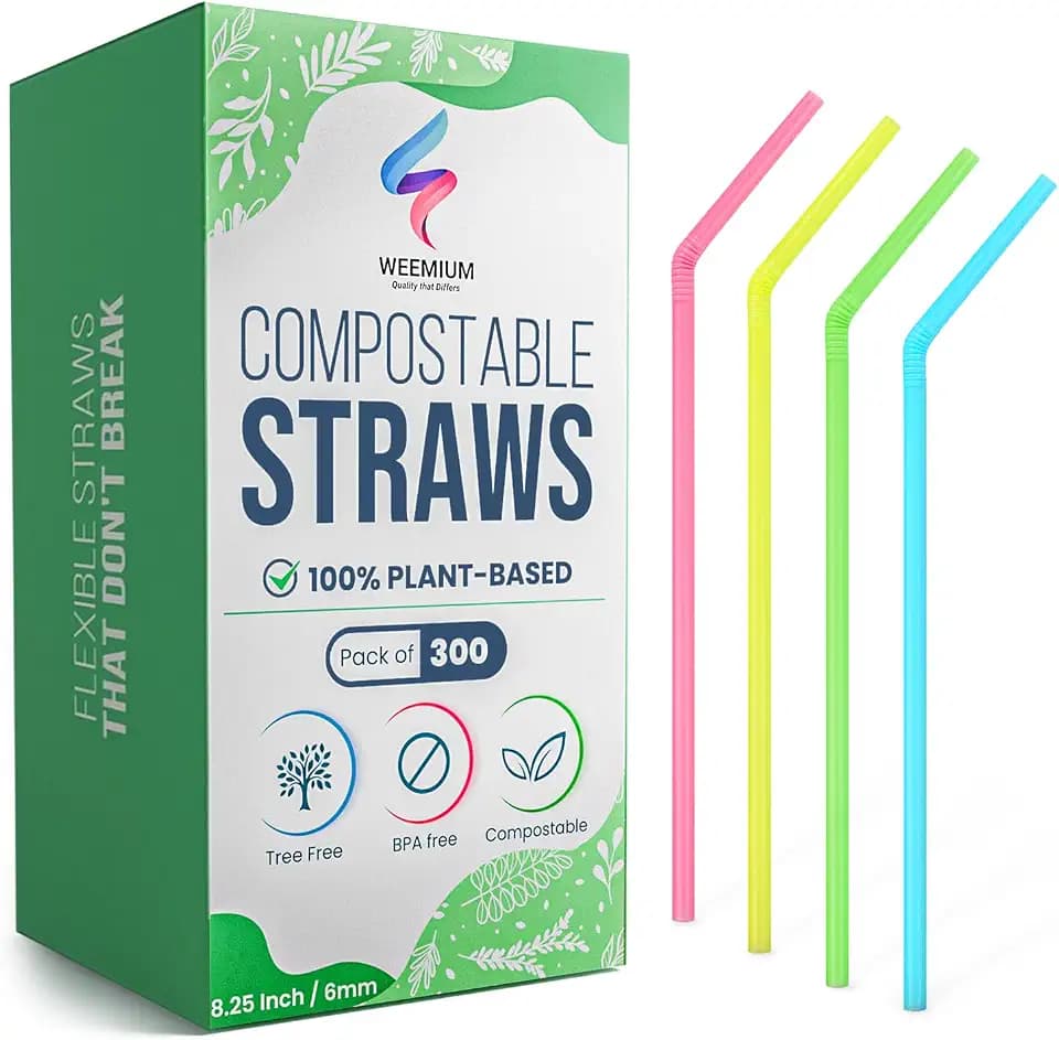 Flexible Compostable Straws Disposable [300 Pack] 8.25" | 100% Plant-Based