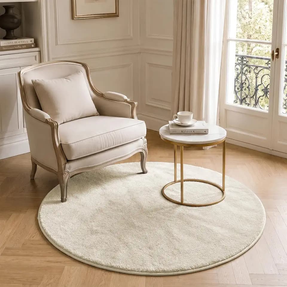 VOUNOT® Teppich Wohnzimmer rund Ø 120 cm, mit rutschfeste Rückseite & Antirutschmatte, Kuscheliger Kurzflor Flauschig Teppiche Gegend für Schlafzimmer Kinderzimmer Esszimmer, Beige