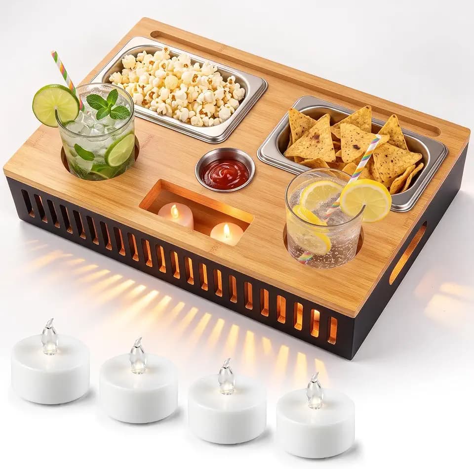 Couchbar Snackbox mit LED Leuchteffekt,Geburtstagsgeschenk für männer, Snackspender mit Snackschale, Getränkehalter Flaschenhalter, Snackbar Organizer Abnehmbarer Deckel für Sofa