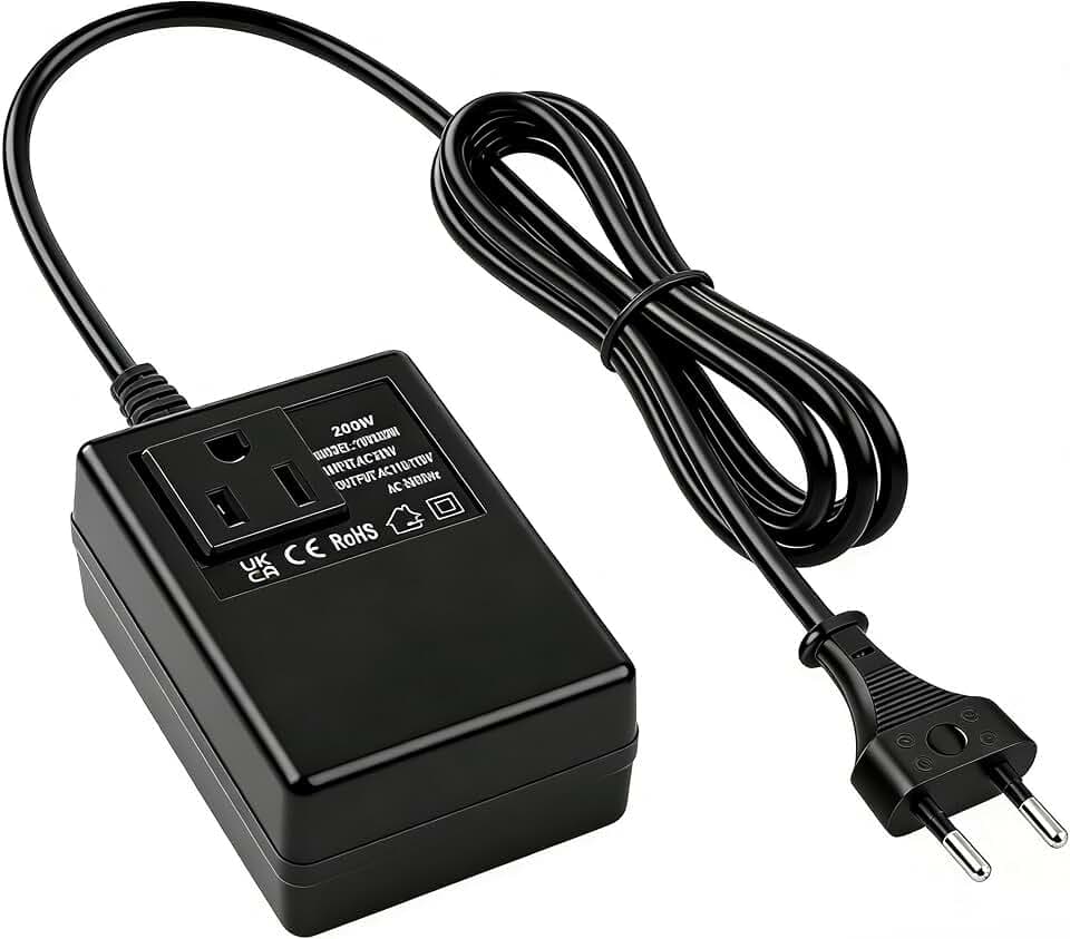 Spannungswandler 220V auf 110V Transformator, 200W Netzadapter Schritt Runter Stromkonverter, Reisestromadapter mit EU Stecker für Handys, Rasierer und Tablet-Computer