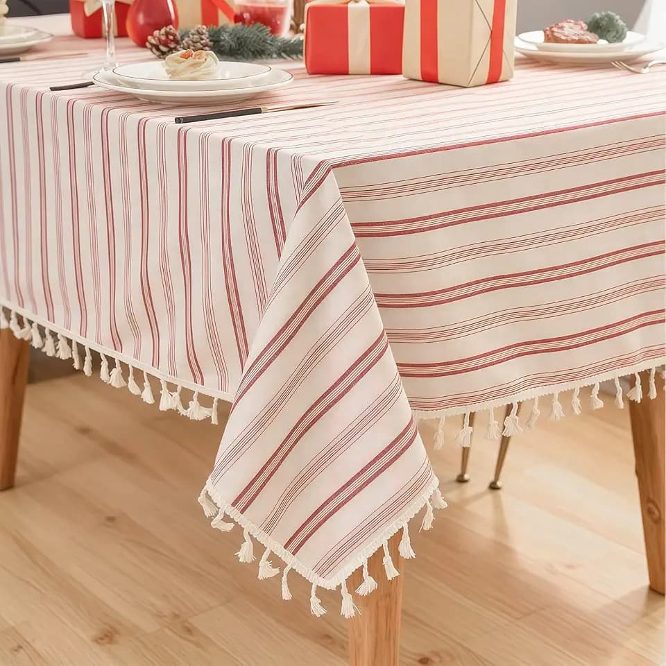 Striped Tablecloth Rectangle, Heavy Duty 100% Cotton Table Cloth with Tassel, Soft and Wrinkle Free Table Cover for Farmhouse Dining Party Decor, Outdoor & Independence Day-120" x 55", Red