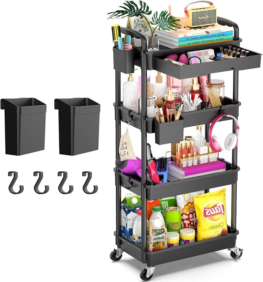 Goovilla 4 Tier Rolling Utility Cart Organizer with Removable Drawer, Black