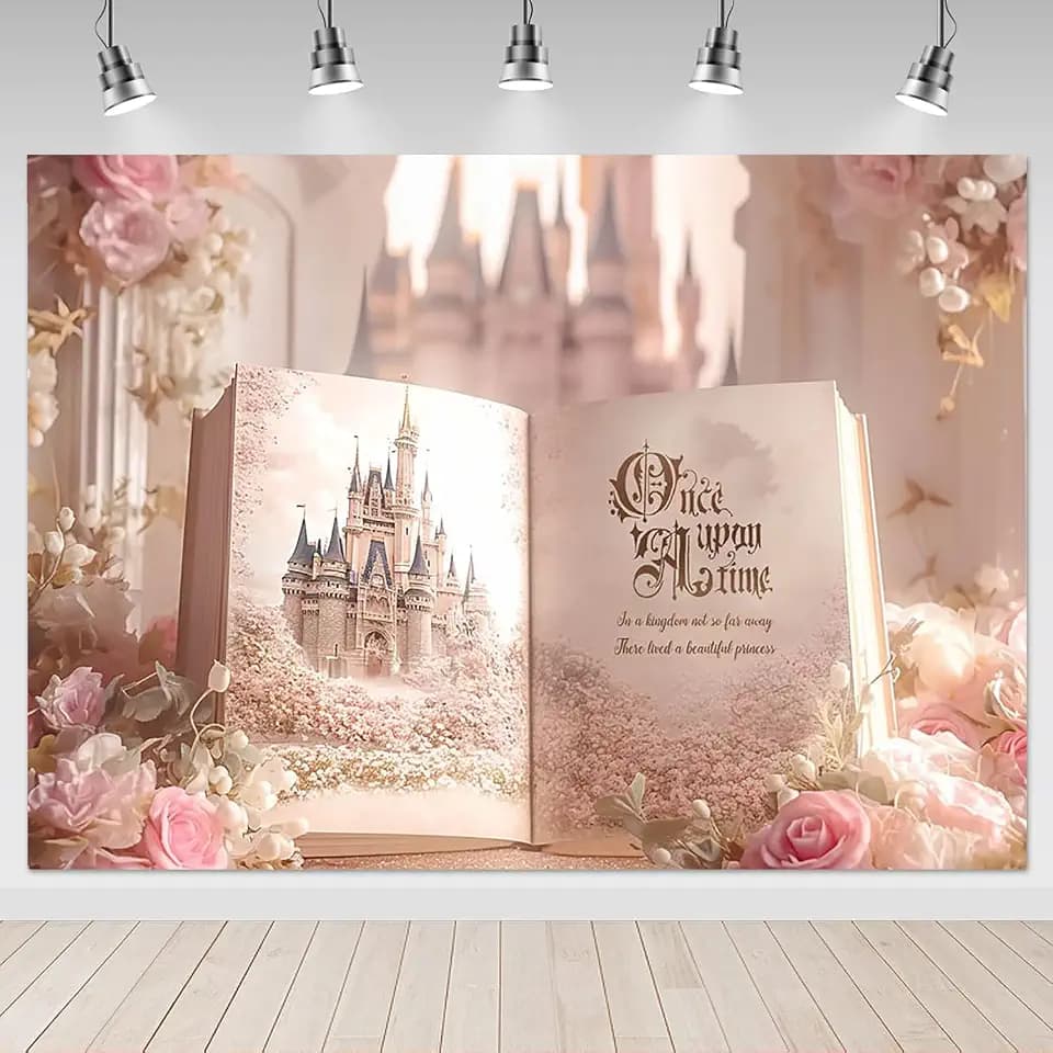 Mocsicka Once Upon Time Backdrop Fairy Tale Book Backdrop Decorations Pink Princess Castle Themed Birthday Wedding Party Photography Background Photo Props Supplies (10x8ft)