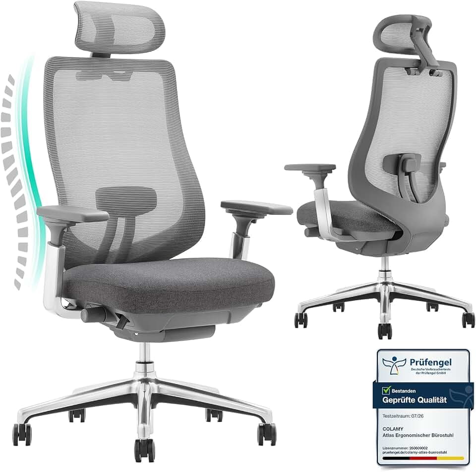 COLAMY XK Atlas Ergonomischer Bürostuhl, Netz-Chefsessel mit verstellbarem Kopfstütze, Computer Schreibtischstuhl Drehstuhl mit 4D-Armlehnen, Aluminium Basis/Schiebesitz/Neigungssperre, Dunkelgrau