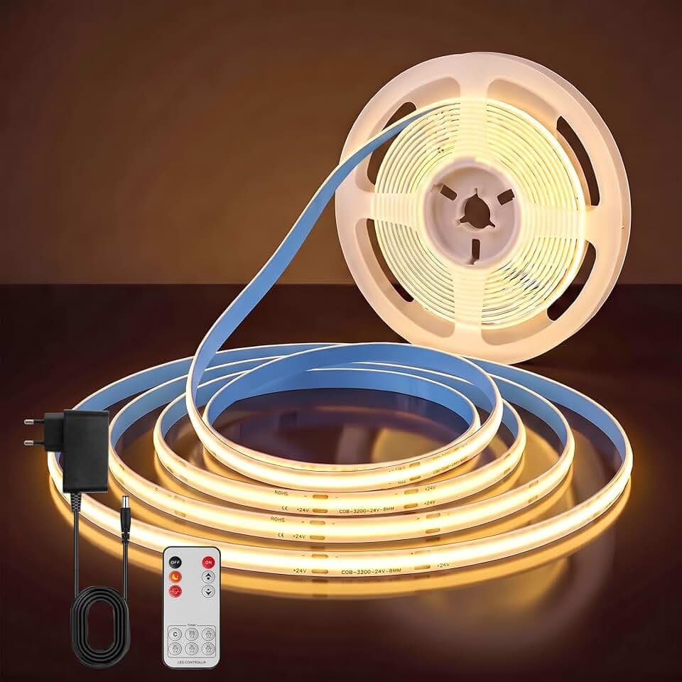 COB LED Streifen 10M Warmweiß 2700K, 24VDC Dimmbar Punktlose Flexibles Lichtband Fernbedienung, CRI 93+, Zuschneidbar & Einfache Installation LED Strip für Schlafzimmer, Küche, Wohnzimme
