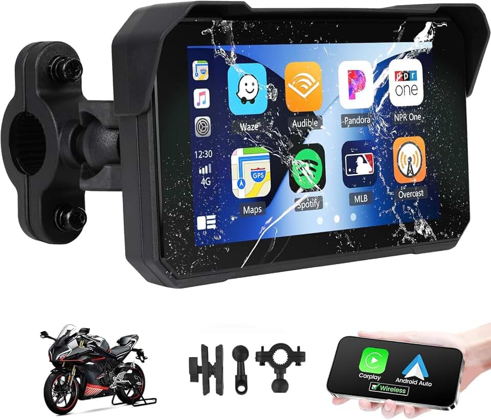 Motorrad Navigationssystem mit CarPlay Bildschirm, kabellosem CarPlay Android Auto, Tragbarem, Wasserdichtem 5 Zoll Touchscreen Motorrad Navigationssystem mit Bluetooth Siri