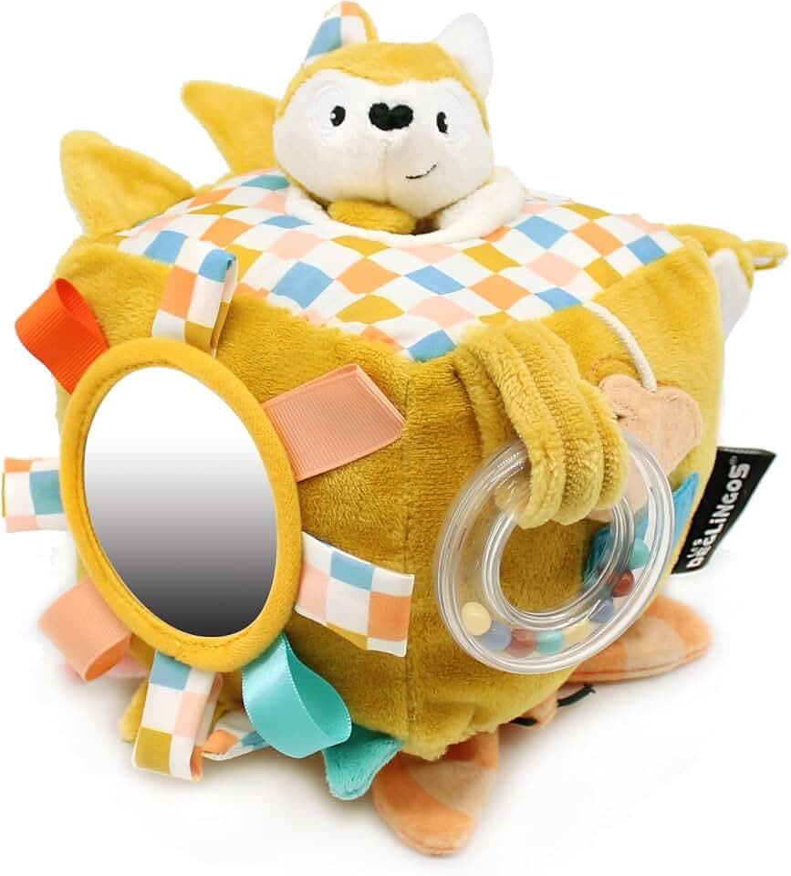 LES DÉGLINGOS - Aktivitätswürfel aus Stoff Cyranos der Fuchs – Spielzeug mit Ton und Touchscreen für Babys – Entwicklungsspielzeug – Geschenk zur Geburt – 12 cm – Senfgelb