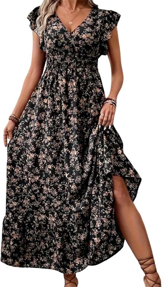 SweatyRocks Damen Sommerkleid Curvy Maxikleid A Linien Kleid Urlaubkleid V Ausschnitt Freizeitkleid Bohokleid mit Rüschenärmeln