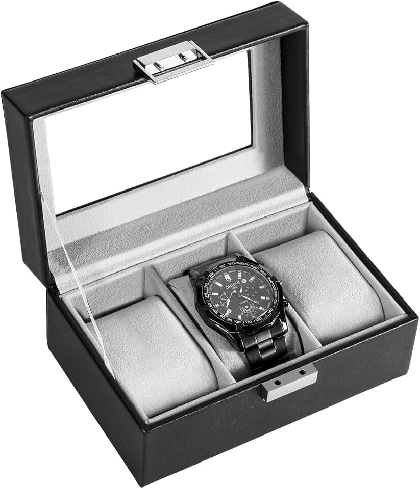 ProCase Uhrenbox mit 3 Fächern, Uhrenkasten mit Glasdeckel, Uhrenkoffer mit Uhrenkissen, Uhrenaufbewahrung, Premium-Uhrenschatulle, PU-Leder Uhrenkasten, Watch Box für Herren - 3 Fächer, Schwarz