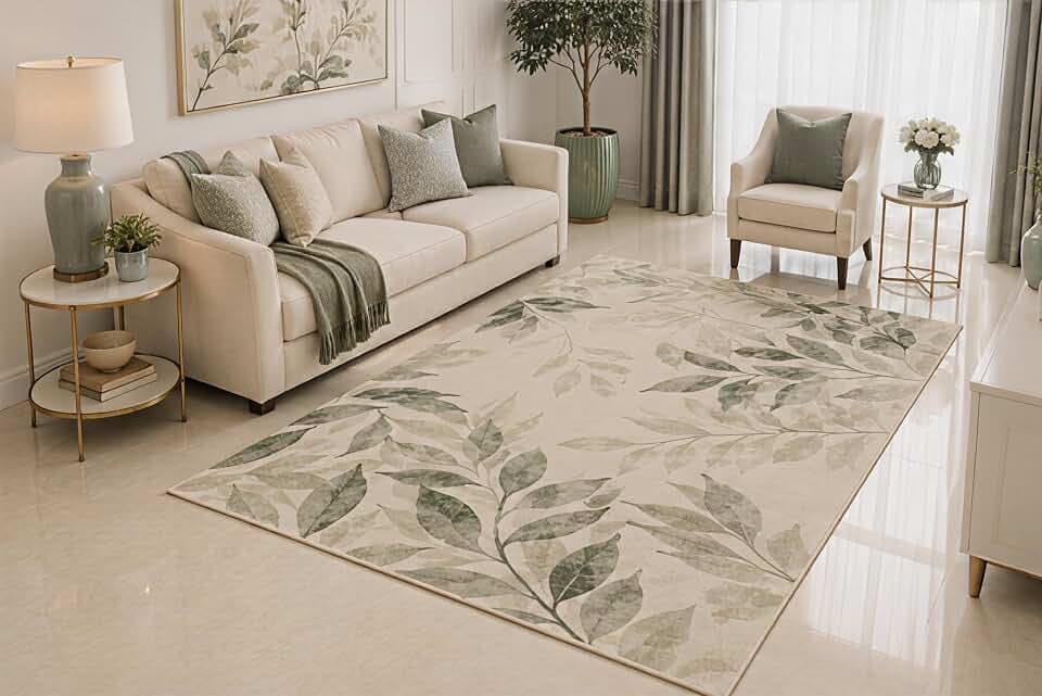 ICE ARMOR 5' x 7' Botanical Leaves Area Rug, Soft Sage Green Watercolor Floral Design for Living Room Bedroom Nursery, Non-Slip Silicone Backing, Low Pile Carpet