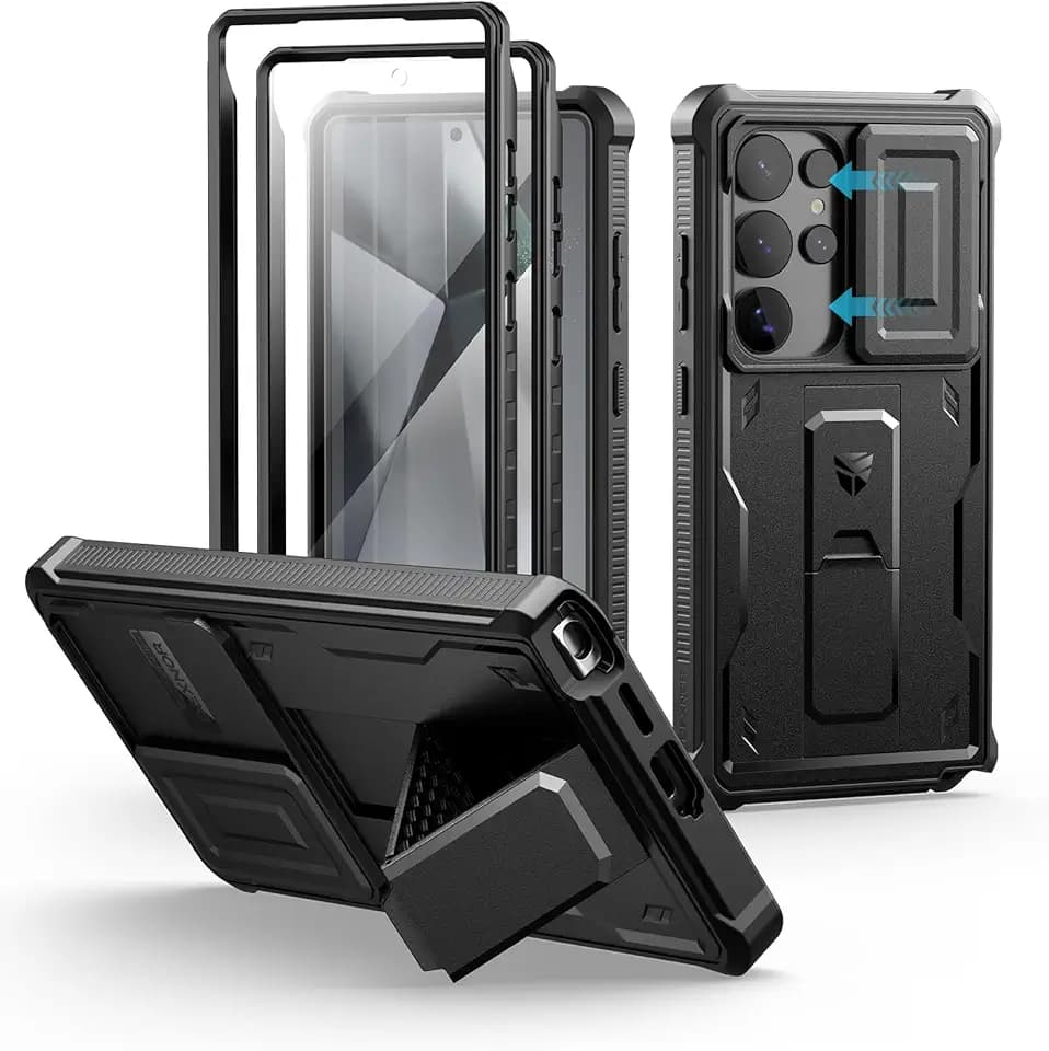 Dexnor for Samsung Galaxy S25 Ultra Case with Built-in Slide Camera Cover & Screen Protector & Kickstand, Heavy-Duty Shockproof Rugged Case Full-Body Bumper Cover for Galaxy S25 Ultra(2025),Black
