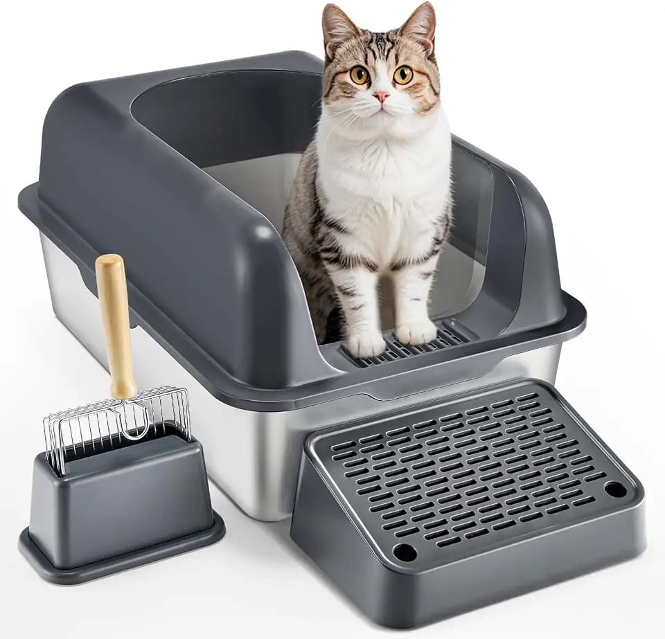 VEVOR Katzentoilette, 152,4 mm tief, XL extragroßes Katzenklo aus Edelstahl mit Schaufel, breitem Filter-Fußteil und hohen Rand, geruchsfreie Schalentoilette für Katzen, 60 x 40 x 30 cm, Dunkelgrau
