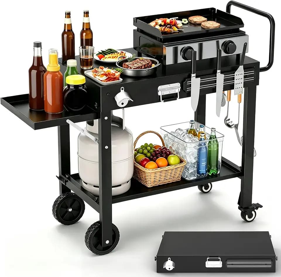 COZEER Portable Grill Table for Blackstone Griddle, Grill Cart with Caddy