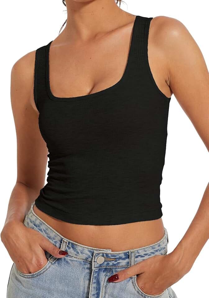 AnotherChill Women's Ribbed Crop Tank Tops, Scoop Neck High Back Shirt