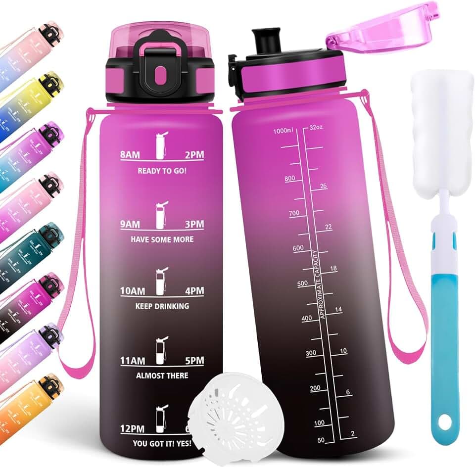 Motswedi Trinkflasche 1l, Sport Wasserflasche, mit Bürste, Auslaufsicher, Trinkflasche Kohlensäure Geeignet, Flasche Sport, Wasserflasche Für Fitness, Wandern, Büro, Camping, Violett & Schwarz