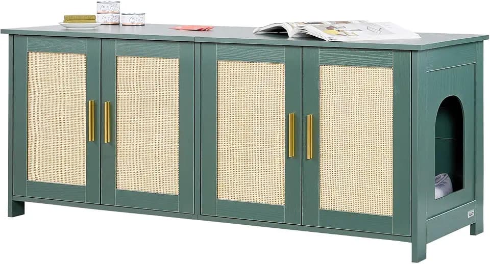 VEVOR Katzenschrank, 1200x450x500 mm, Katzentoilette mit 4 Rattantüren & 2 Eingängen, Katzenklo Schrank für den Innenbereich, Katzenhaus passend für die meisten Katzentoiletten, grün