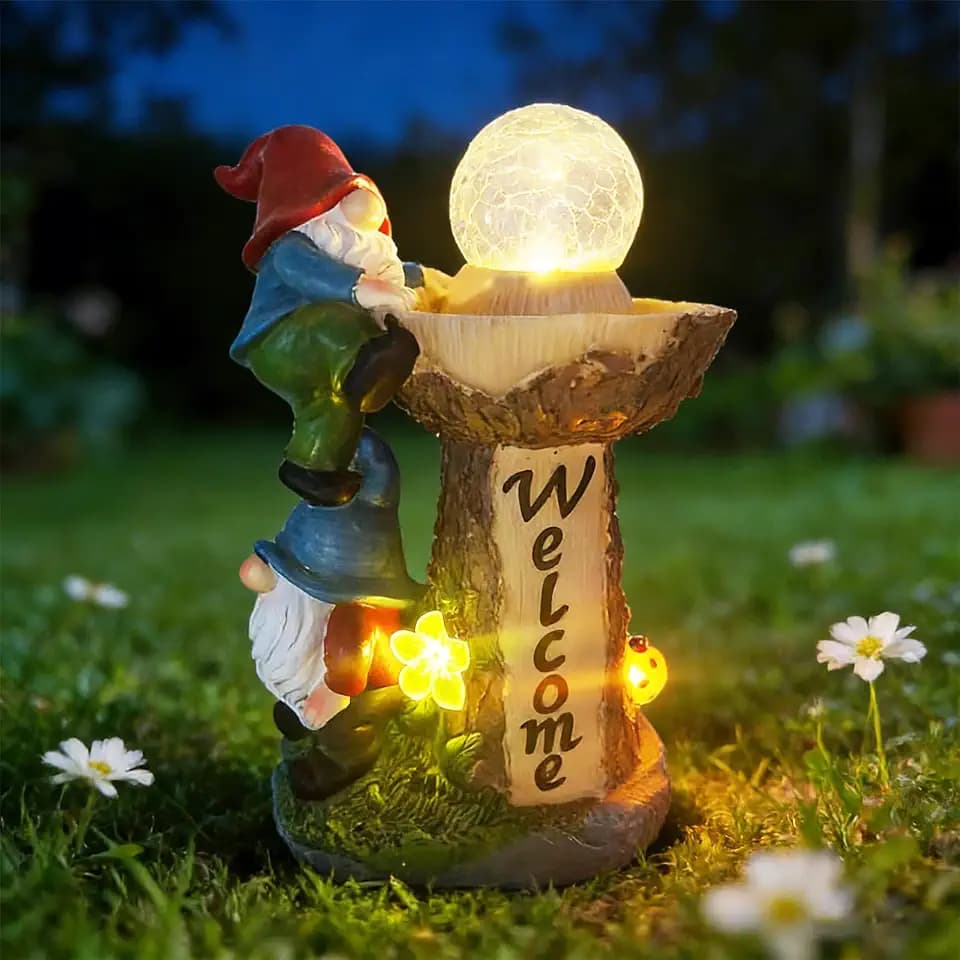 Solar Powered Garden Gnome Welcome Sign, Red