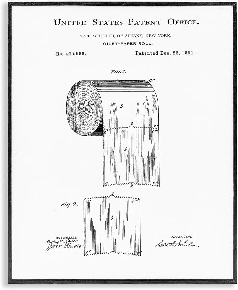 Toilet Paper Roll Vintage Patent Minimal, 11 x 14 Inch Framed Giclée Print