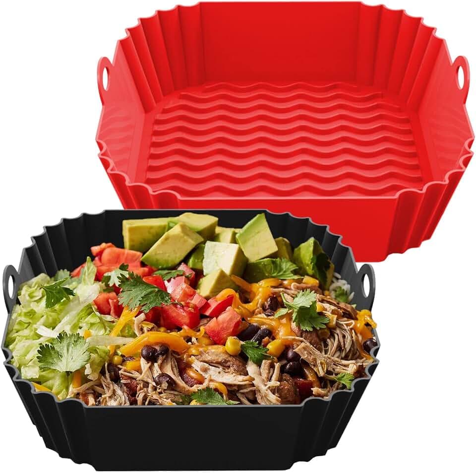 FROVEN 8 Inch Silicone Air Fryer Liners Square (2 Pack) Red & Black Reusable Non-Stick Inserts with Handles for Mess-Free Cooking & Heat Resistance – Compatible with Ninja COSORI Instant Vortex & More