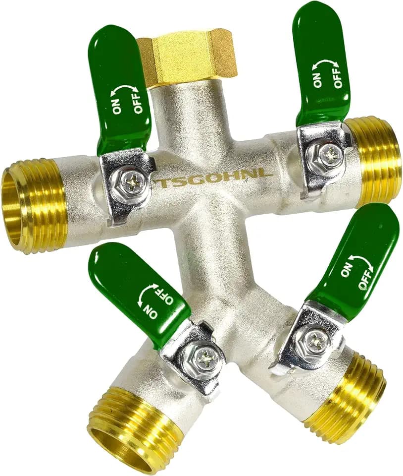 4 Way Garden Hose Splitter, 3/4” GHT Heavy Duty Brass