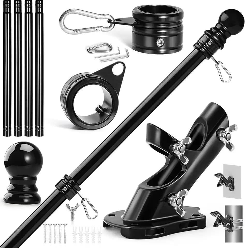 Anovo Flag Pole Kit- Upgraded Holder, Stainless Steel 5 FT Flag Poles with1 Inch Metal 360° Rotating Flag Pole Rings Two-Position Flag Pole Bracket Mounting for Outside House Porch (5 FT-Black)