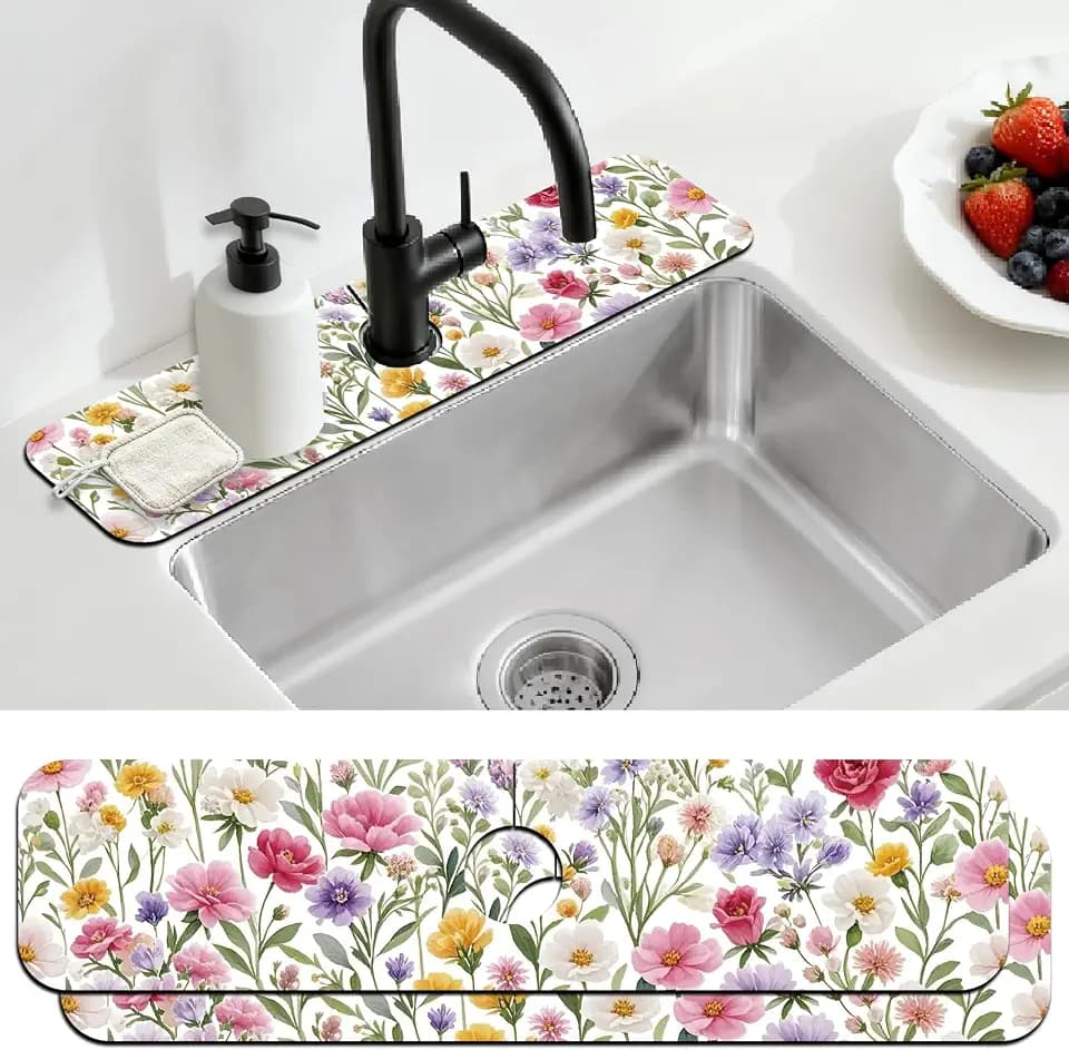 2 Pcs Kitchen Sink Splash Guard Faucet Mat Colorful Watercolor Flowers and Plants Pattern Faucet Mat for Sinks Absorbing Drying Mat for Kitchen Bathroom, 23.6x5.5inch
