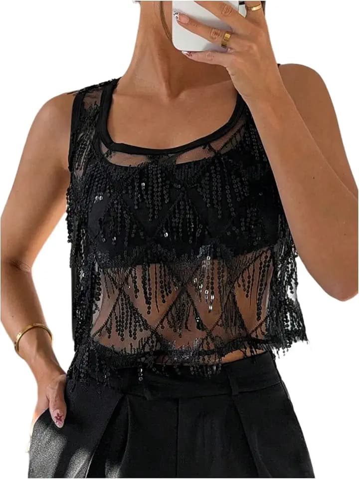 Floerns Women's Sparkly Sequin Mesh Sheer Top Y2k Sleeveless Square Neck Party Club Tank Tops