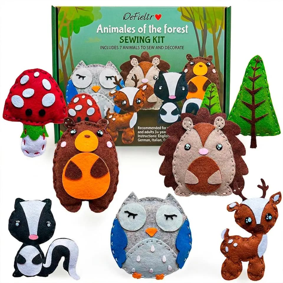 DeFieltro Nähset Kinder ab 6-12 Jahre, Waldtiere Bastelset zum Nähen Kinder, Komplettes DIY Set mit 7 Filz-Figuren, Sicheren Nadeln und Zubehör, Kreatives Lernspielzeug für Mädchen und Jungen