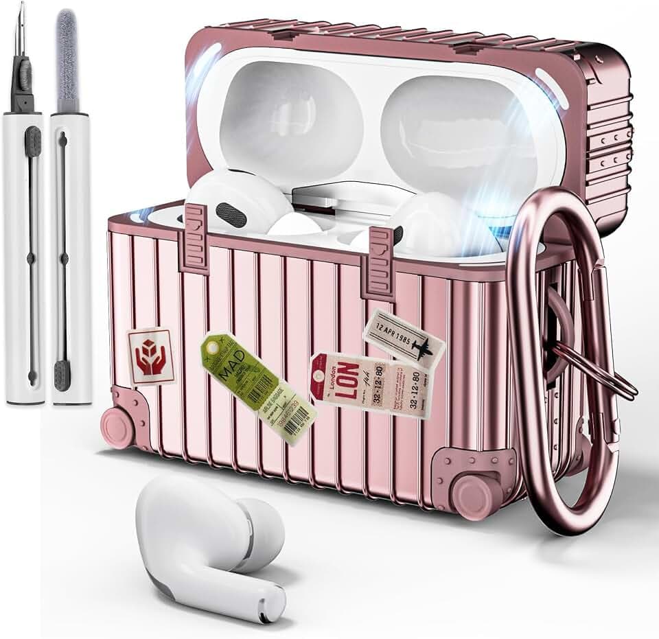 VISOOM für Airpods Pro 2 & 1 Hülle mit Reinigungsset, Roségold/weiß | niedlich Suitcase stoßfeste TPU Schutzhülle für Airpods Pro 2 Case Mit Karabiner & DIY-Aufklebern, Front-LED Sichtbar