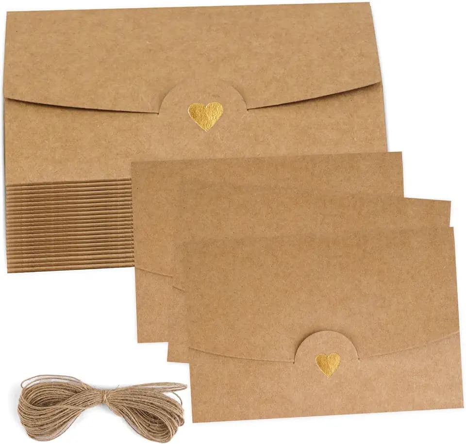 40 Mini Briefumschläge,Hanfseil, Herz Verschluss,Geschenkkarte,Hochzeit