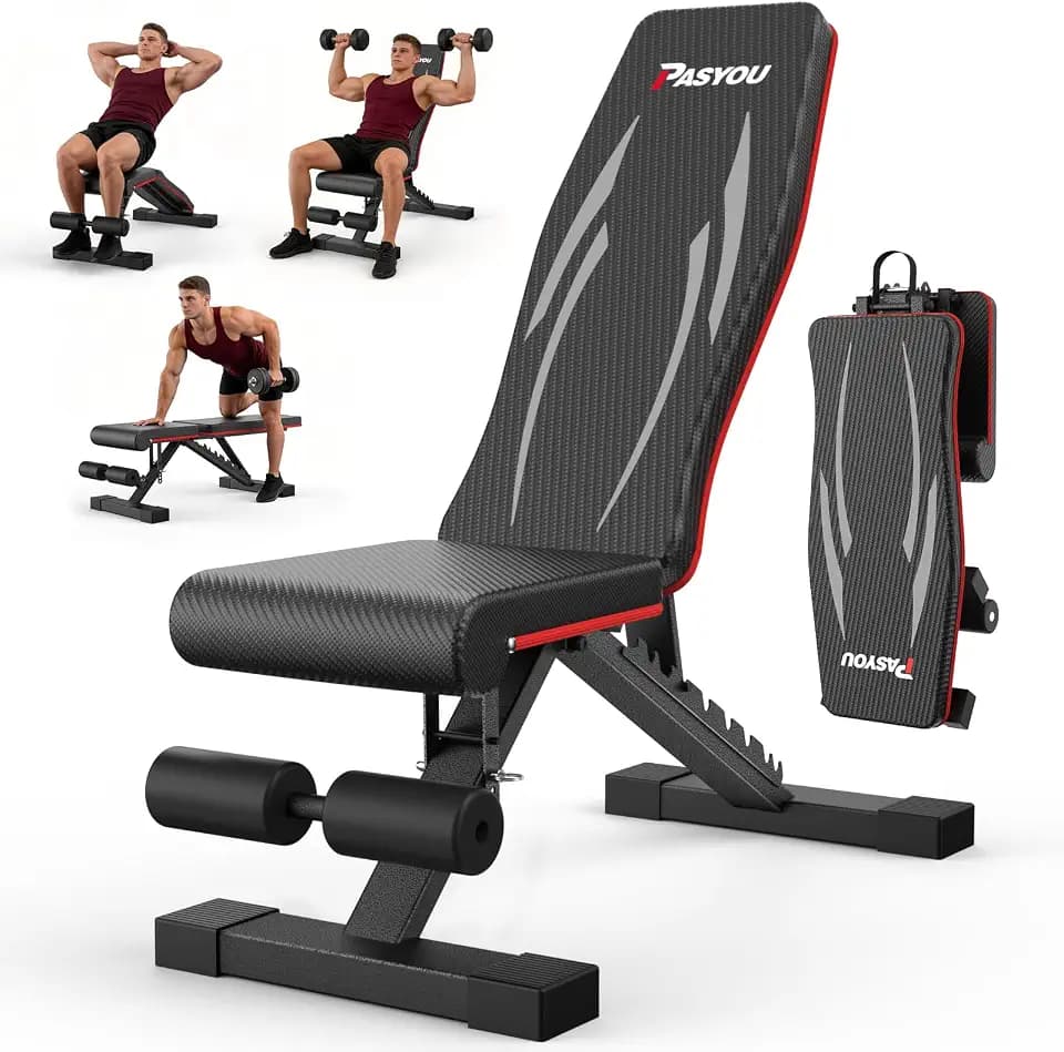 PASYOU Hantelbank Klappbar mit Rückenlehne 300kg Belastbarkeit, Verstellbar Multifunktions Trainingsbank Schrägbank für Ganzkörperworkout, Fitness Bank mit Griffen für Hause Fitnessstudio (PA350)