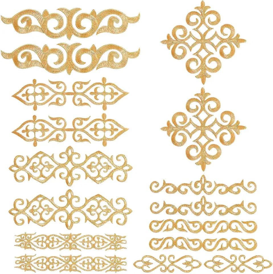 NBEADS 16 Pcs Gold Flower Embroidery Patch, 4.4-9.05inch Large Iron on Patches Sew on Patches Golden Floral Appliques for Wedding Dress Decoration Repair Clothing Backpacks Jeans Caps