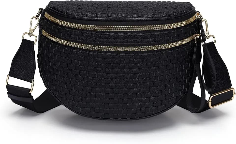 Fashion Checkered Woven Crossbody Bum Bag for Women Vegan Leather Double Zip Sling Purse Fanny Packs Belt Bag with Adjustable Strap for Travel Festival