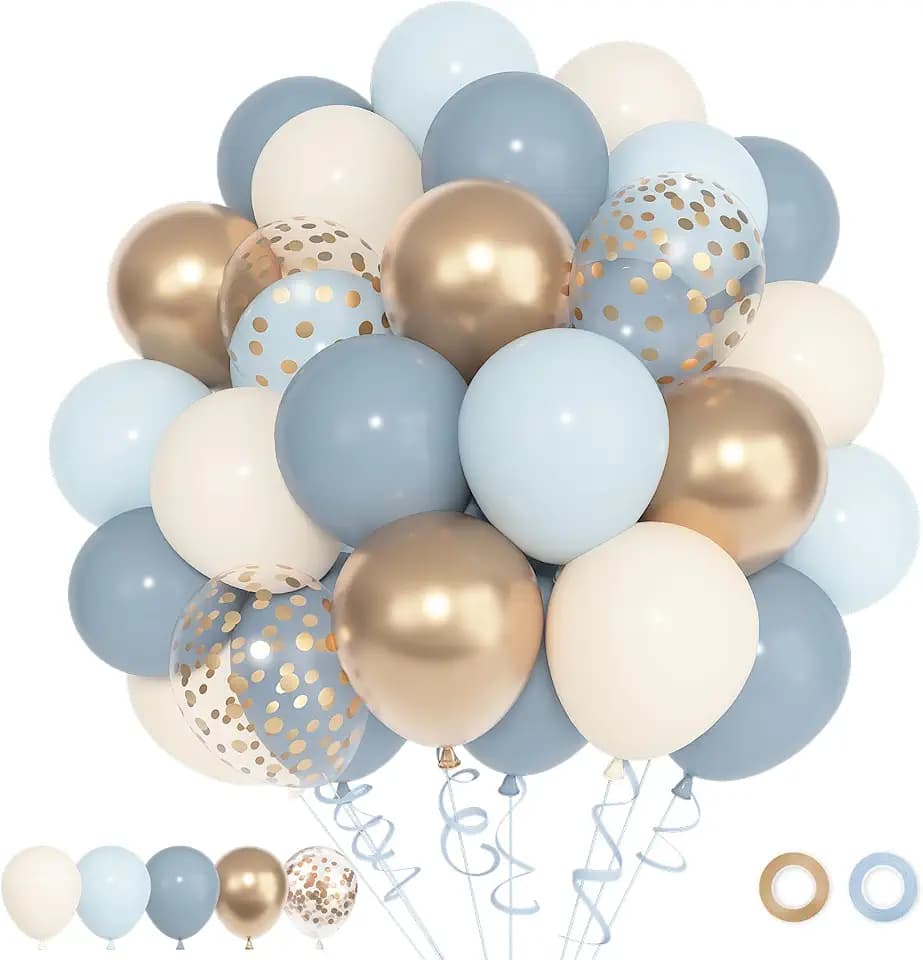 72pcs Dusty Blue and Gold Latex Balloons Set, Blue Baby Shower Decorations