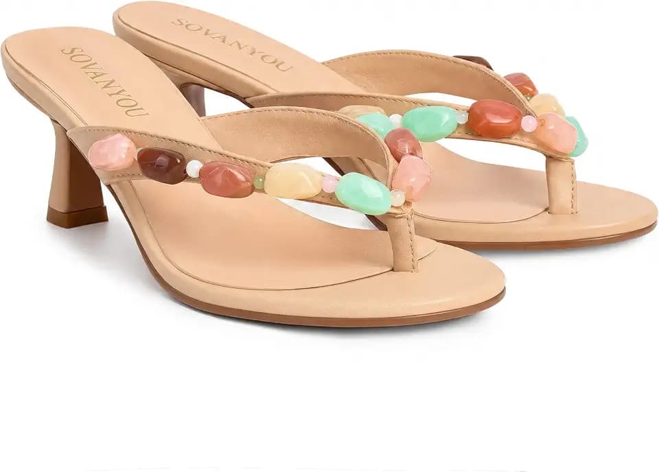 SOVANYOU Womens Jeweled Kitten Heels Slip On Beaded Flip Flop Heels