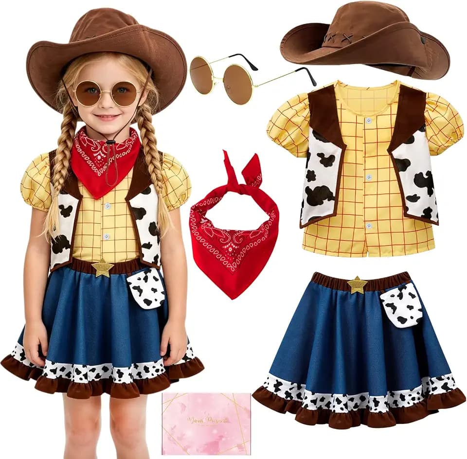 Cowgirl Kostüm Mädchen, Cowboy Kleid Kinder mit Hut & Bandana