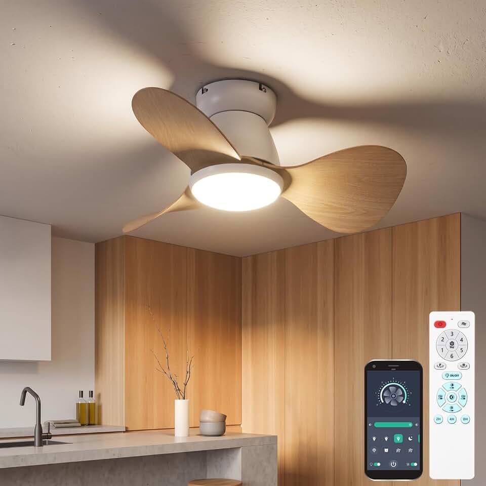 Klein Deckenventilator mit Beleuchtung Leise DC Deckenventilator mit Fernbedienung 6 Stufen Reversibel 3 Klingen 3 CCT, Mini Led Lampe mit Ventilator für kleine Schlafzimmer Kinderzimmer