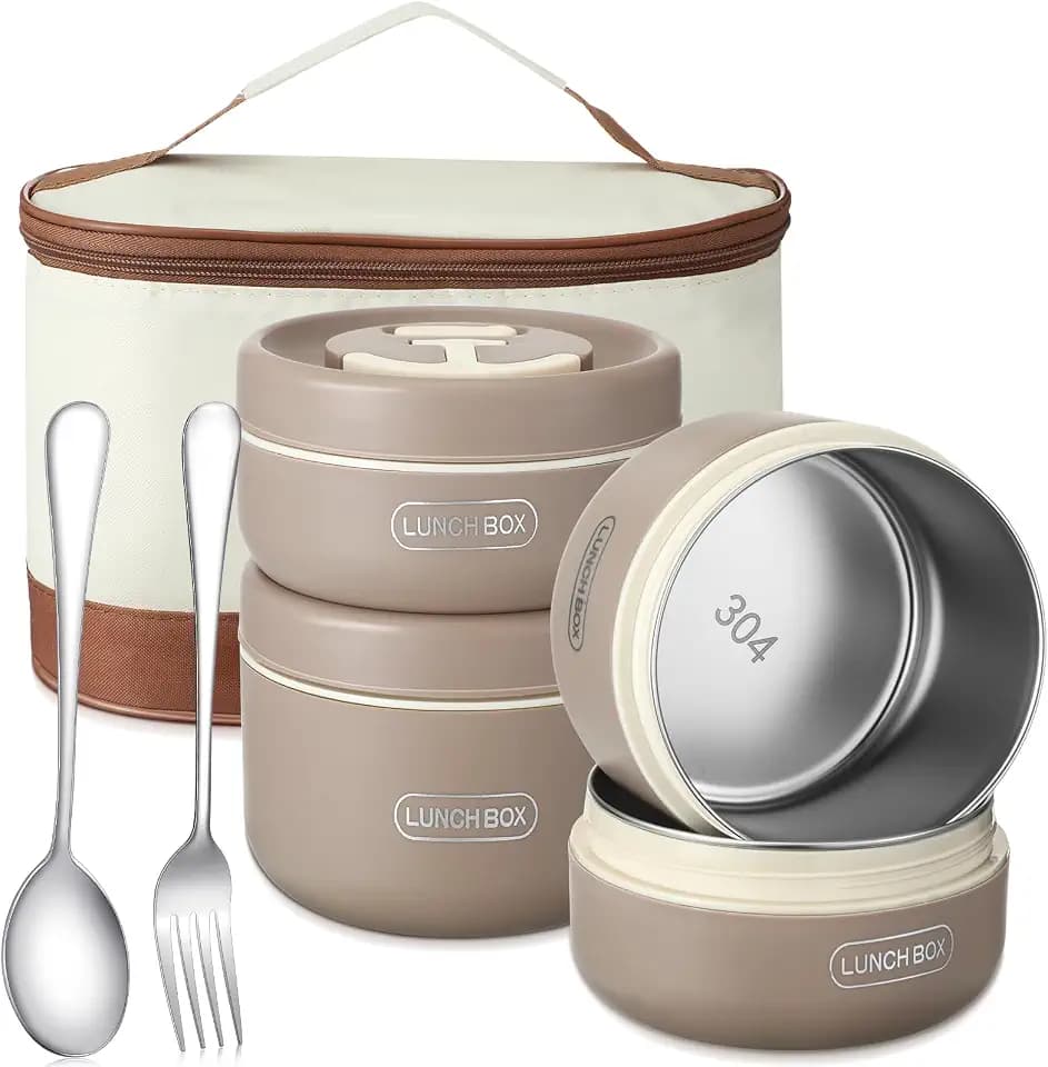 Dandat 4 Pcs Insulated Lunch Container, Portable Bento Box, Stainless Steel Lunch Box, Round Stackable Leakproof Thermal Food Container for Adult Men Women with Insulated Bag, 74 oz(Khaki)