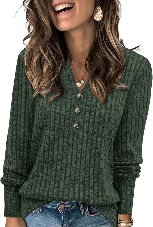 Fisoew Damen Pullover V-Ausschnitt Oversize Langarmshirt